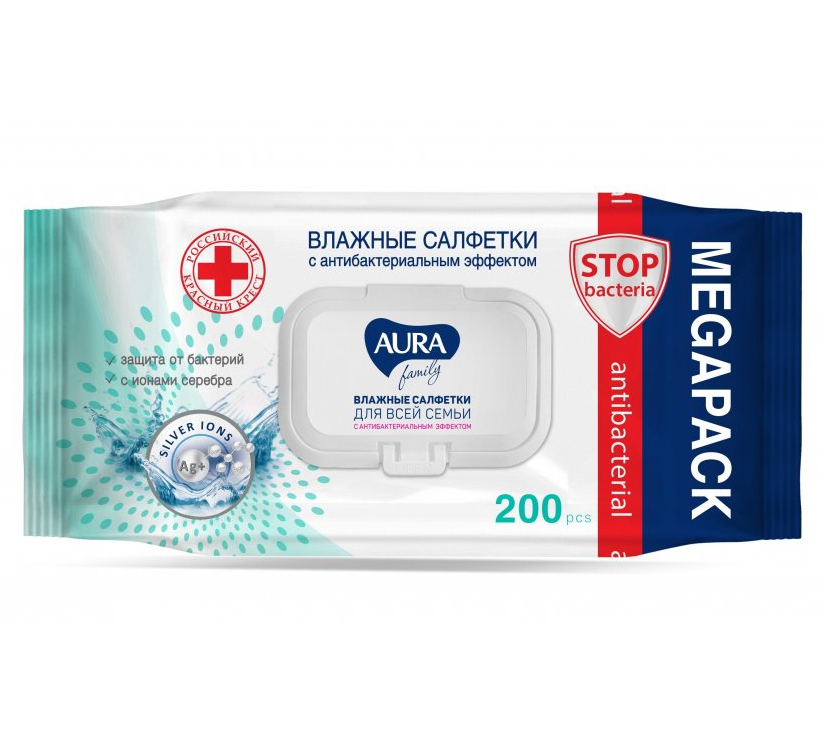 Аура Салф.влажн.д/всей семьи антибакт.200шт. (клапан) фото 1